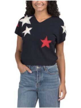 Aeda M  Short Sleeve V-Neck Top with Red & White Star Motifs